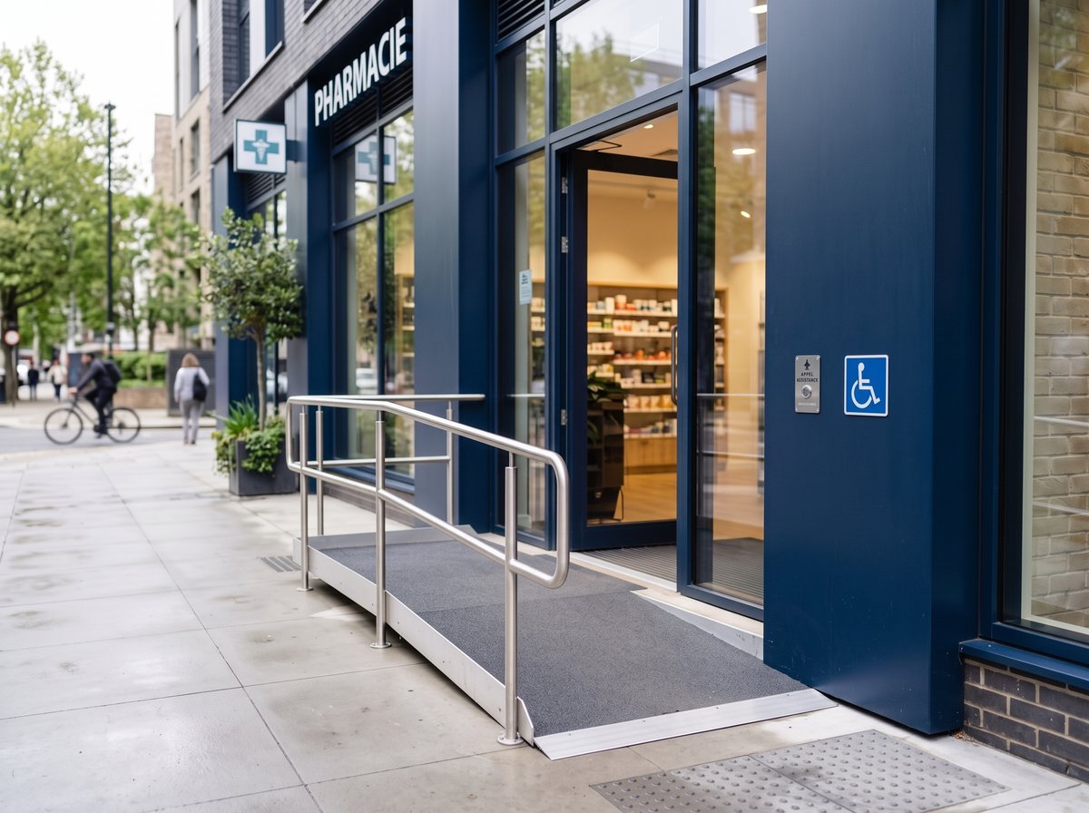 Entrée de pharmacie accessible avec rampe, sonnette d'appel et pictogramme PMR