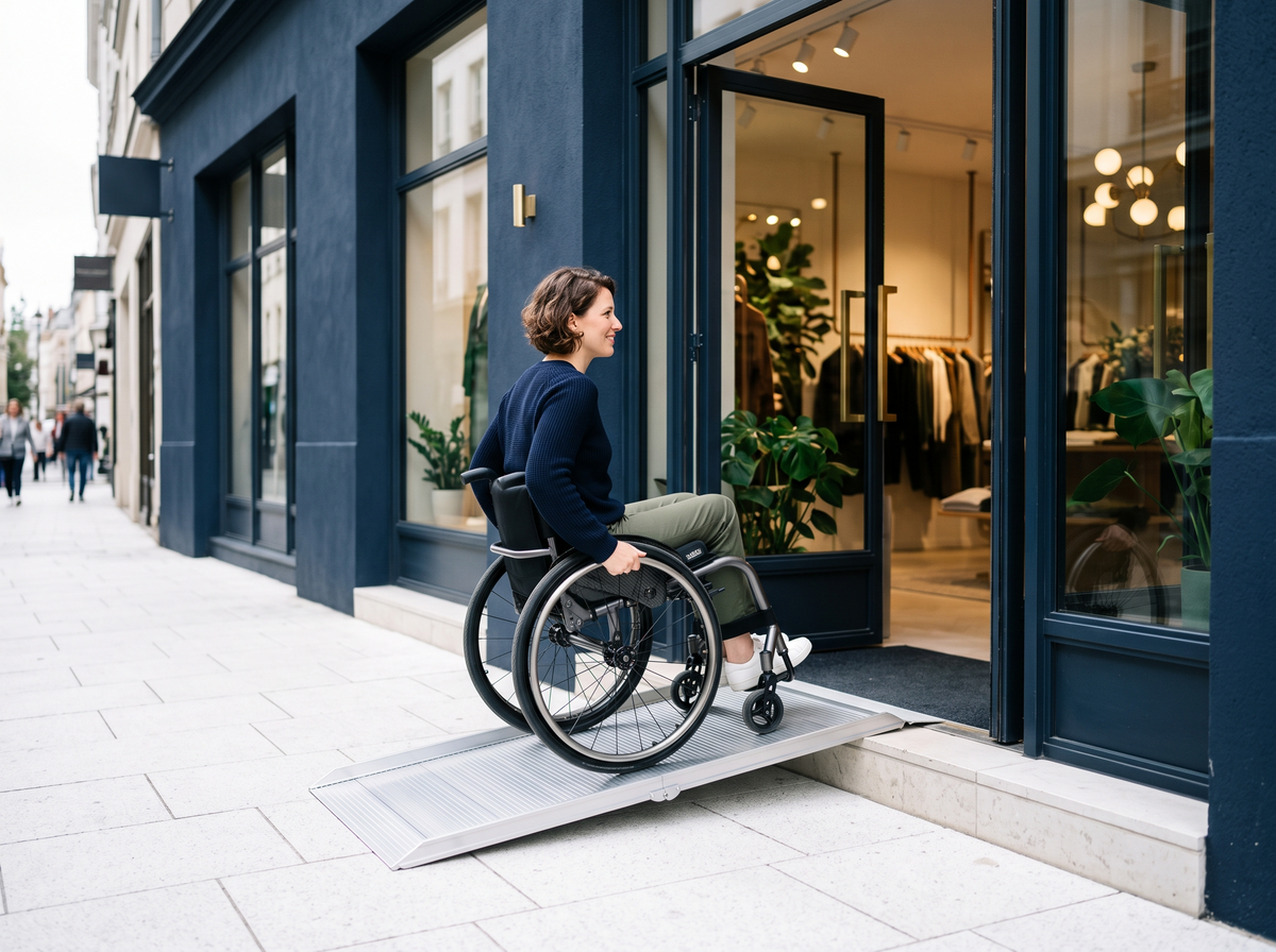 Une femme en fauteuil roulant entre dans une boutique grâce à une rampe pliable en aluminium
